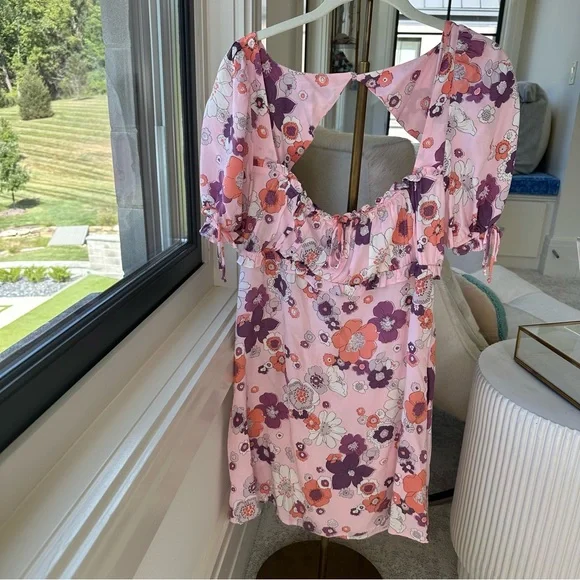For Love and Lemons Magnolia Mini Dress- groovy pink floral mini dress - Picture 4 of 7
